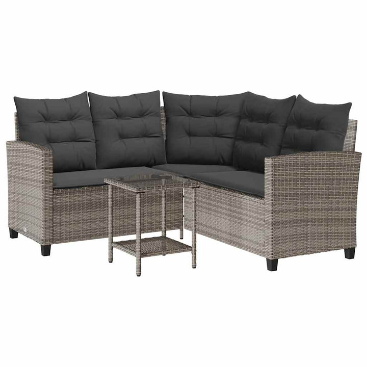 havesofa med bord og hynder L-formet polyrattan grå