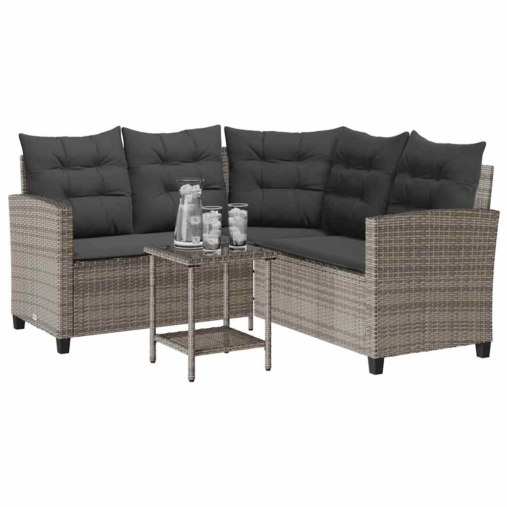 havesofa med bord og hynder L-formet polyrattan grå