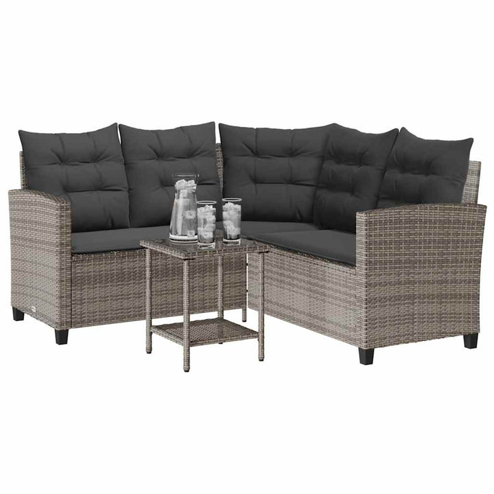 havesofa med bord og hynder L-formet polyrattan grå