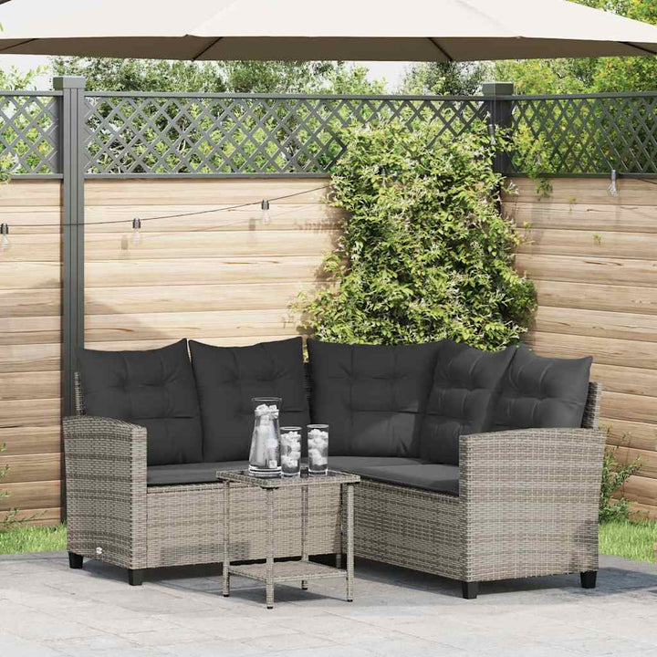havesofa med bord og hynder L-formet polyrattan grå