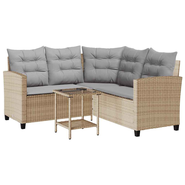 havesofa med bord og hynder L-formet polyrattan beige