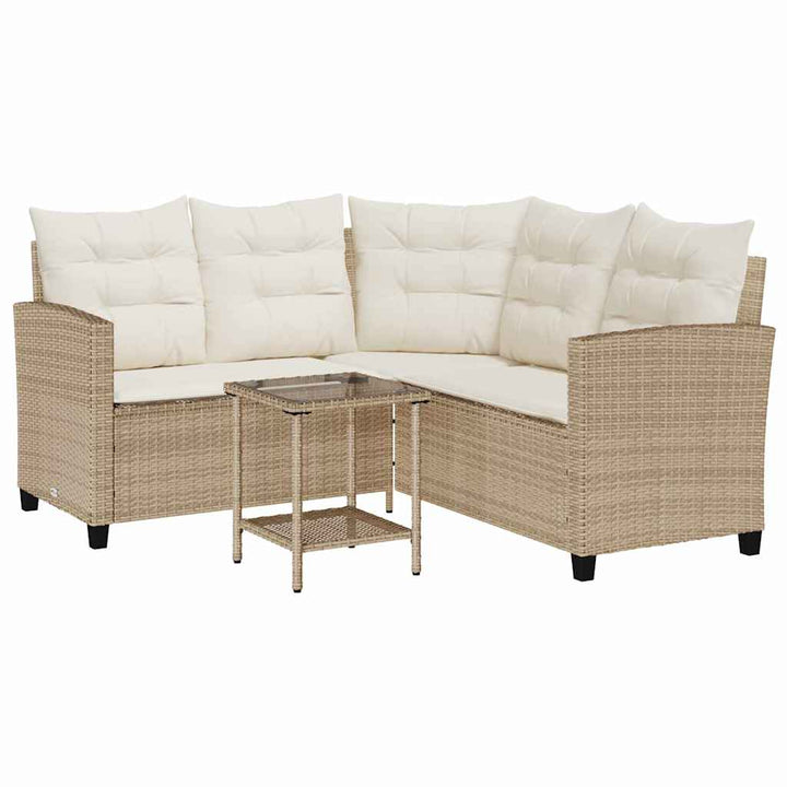 havesofa med bord og hynder L-formet polyrattan beige
