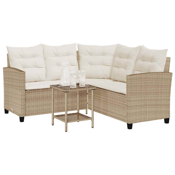 havesofa med bord og hynder L-formet polyrattan beige