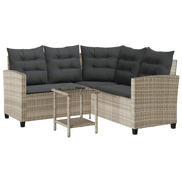 havesofa med bord og hynder L-formet polyrattan lysegrå