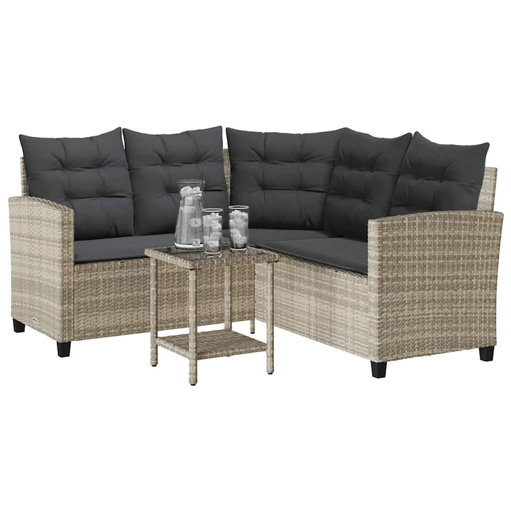 havesofa med bord og hynder L-formet polyrattan lysegrå
