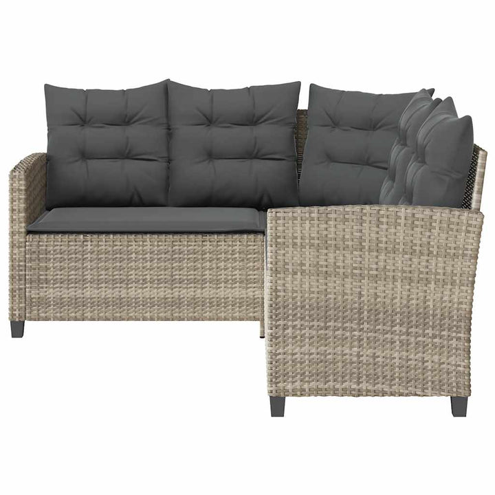 havesofa med bord og hynder L-formet polyrattan lysegrå