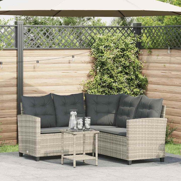 havesofa med bord og hynder L-formet polyrattan lysegrå
