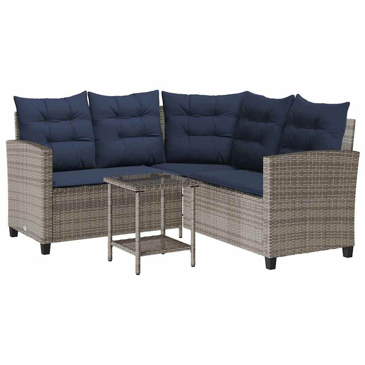 havesofa med bord og hynder L-formet polyrattan grå