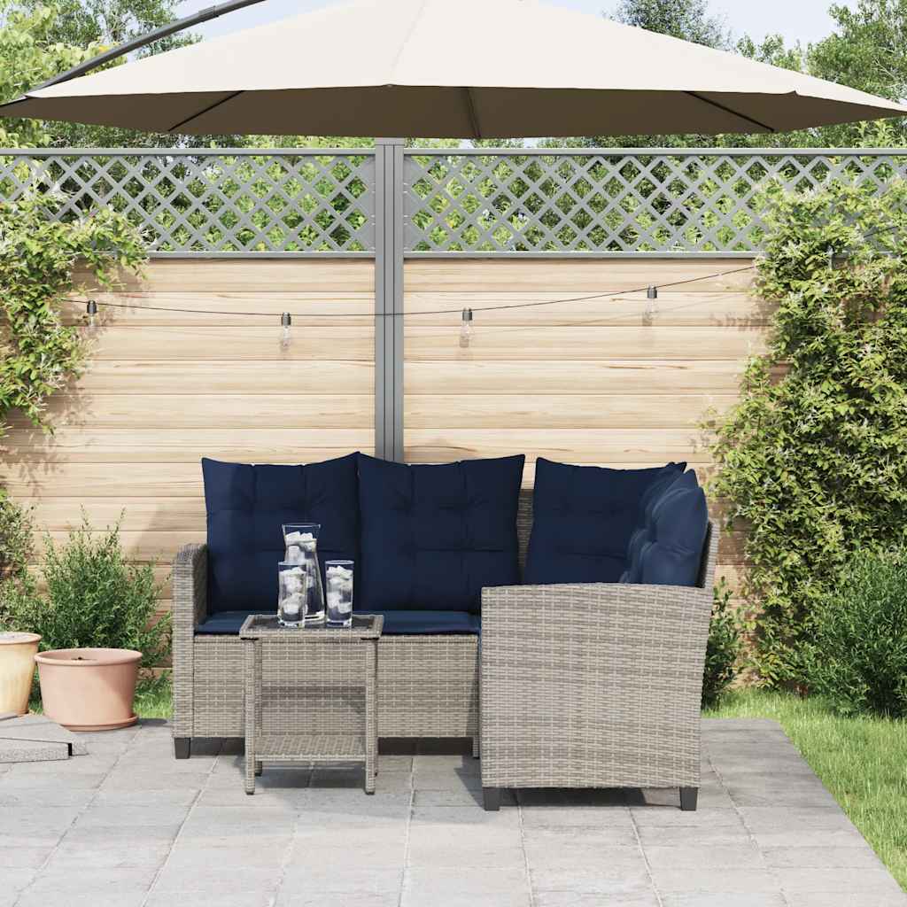 havesofa med bord og hynder L-formet polyrattan grå