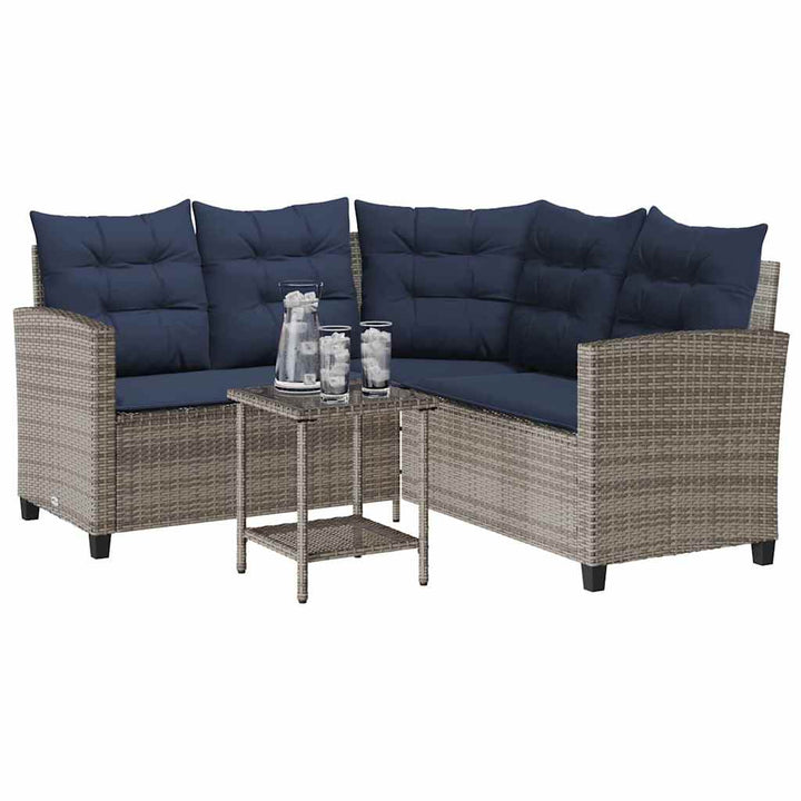 havesofa med bord og hynder L-formet polyrattan grå