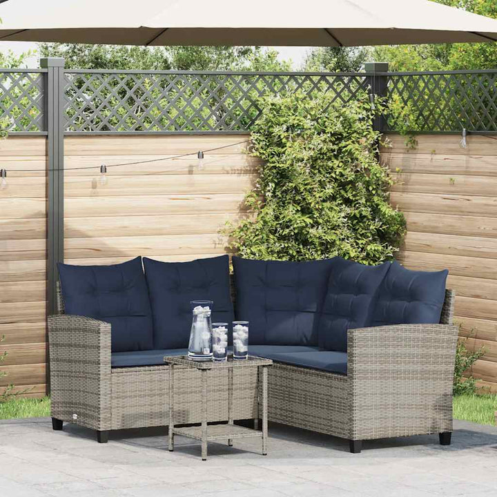 havesofa med bord og hynder L-formet polyrattan grå