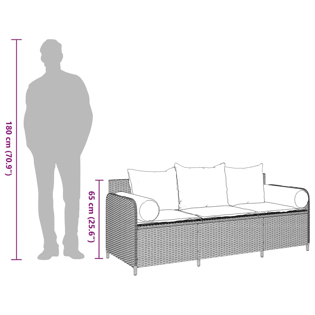 3-personers havesofa med hynder polyrattan lysegrå
