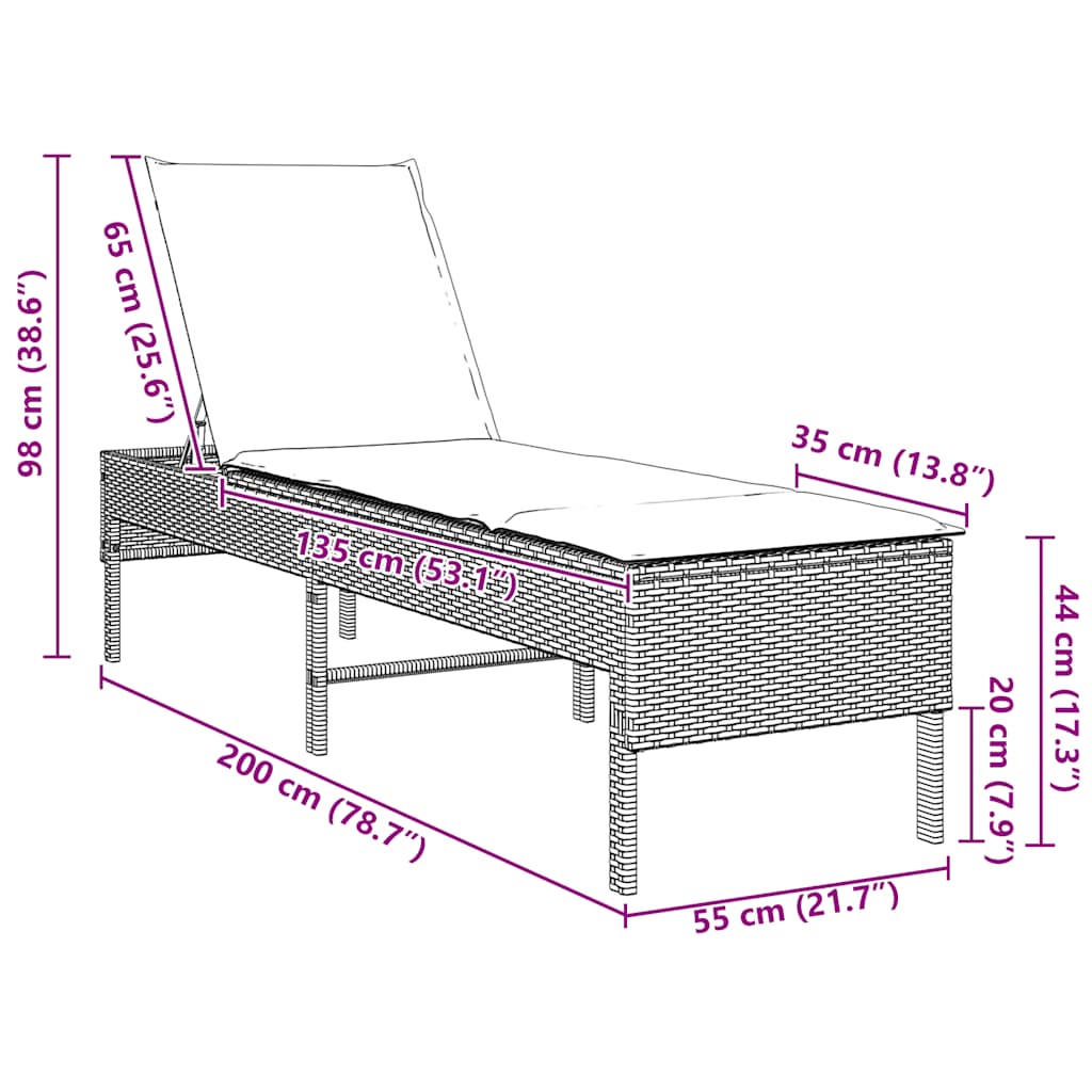 liggestol med hynde 55x200x44 cm polyrattan sort