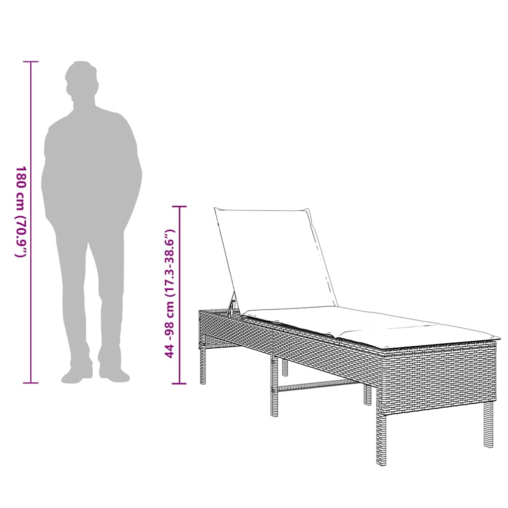 liggestol med hynde 55x200x44 cm polyrattan sort