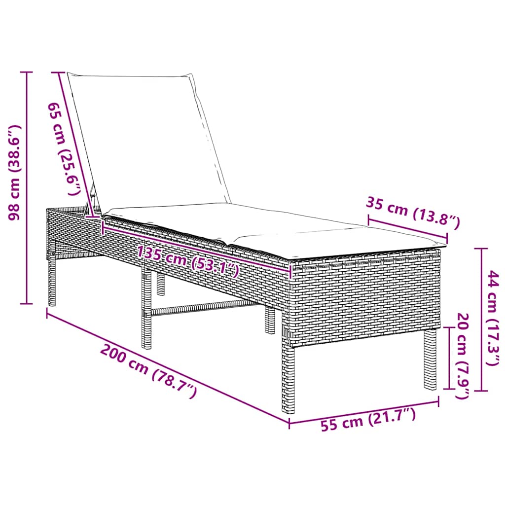liggestol med hynde 55x200x44 cm polyrattan grå