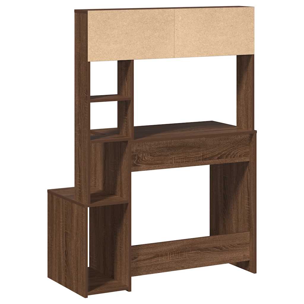 skrivebord m. hylder 100x45x140 cm konstrueret træ brun egetræ