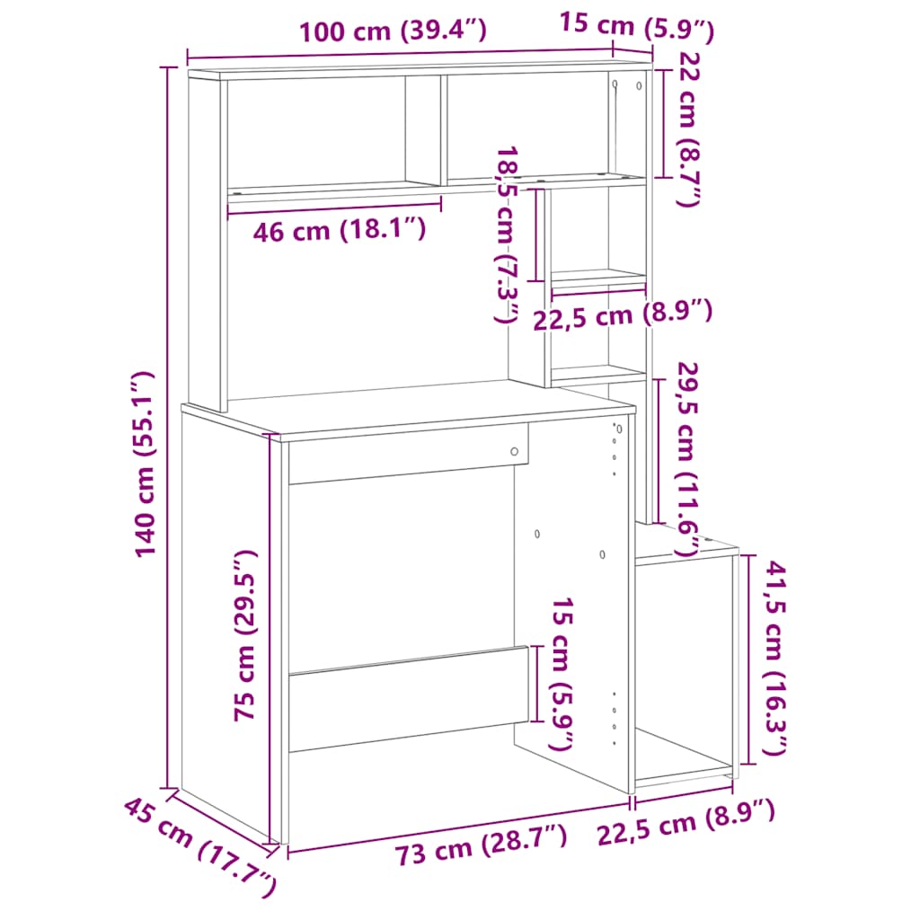 skrivebord m. hylder 100x45x140 cm konstrueret træ brun egetræ