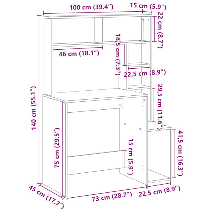 skrivebord m. hylder 100x45x140 cm konstrueret træ brun egetræ