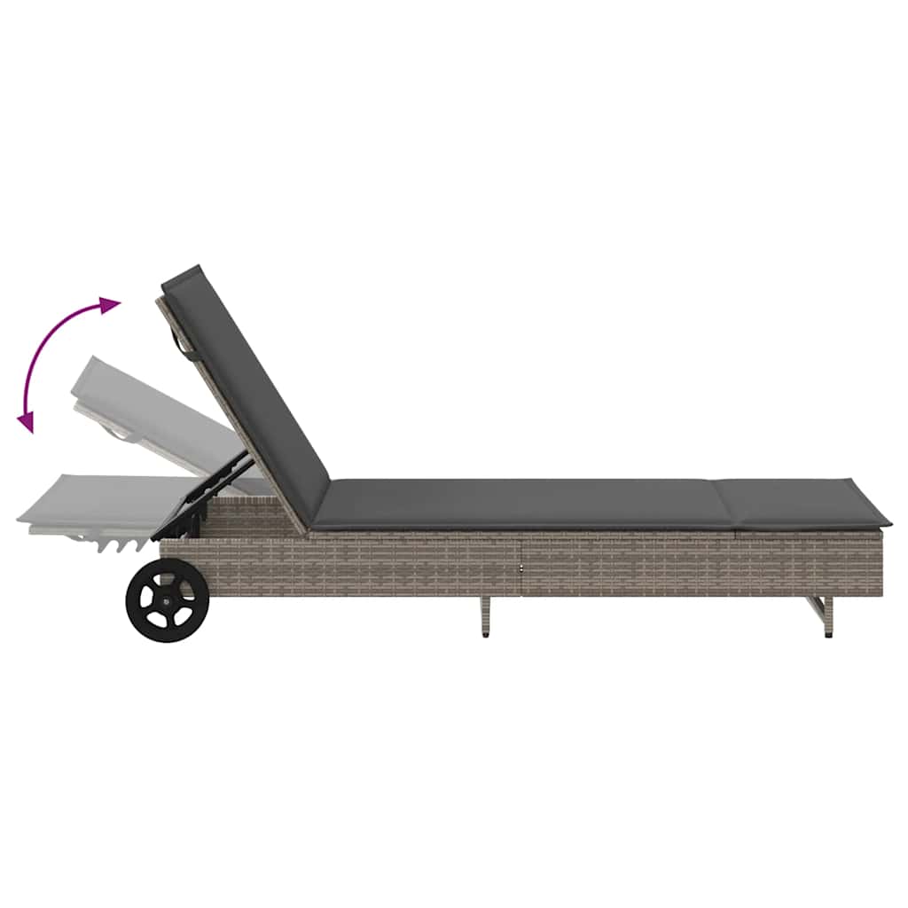 liggestol med hjul og hynde polyrattan grå