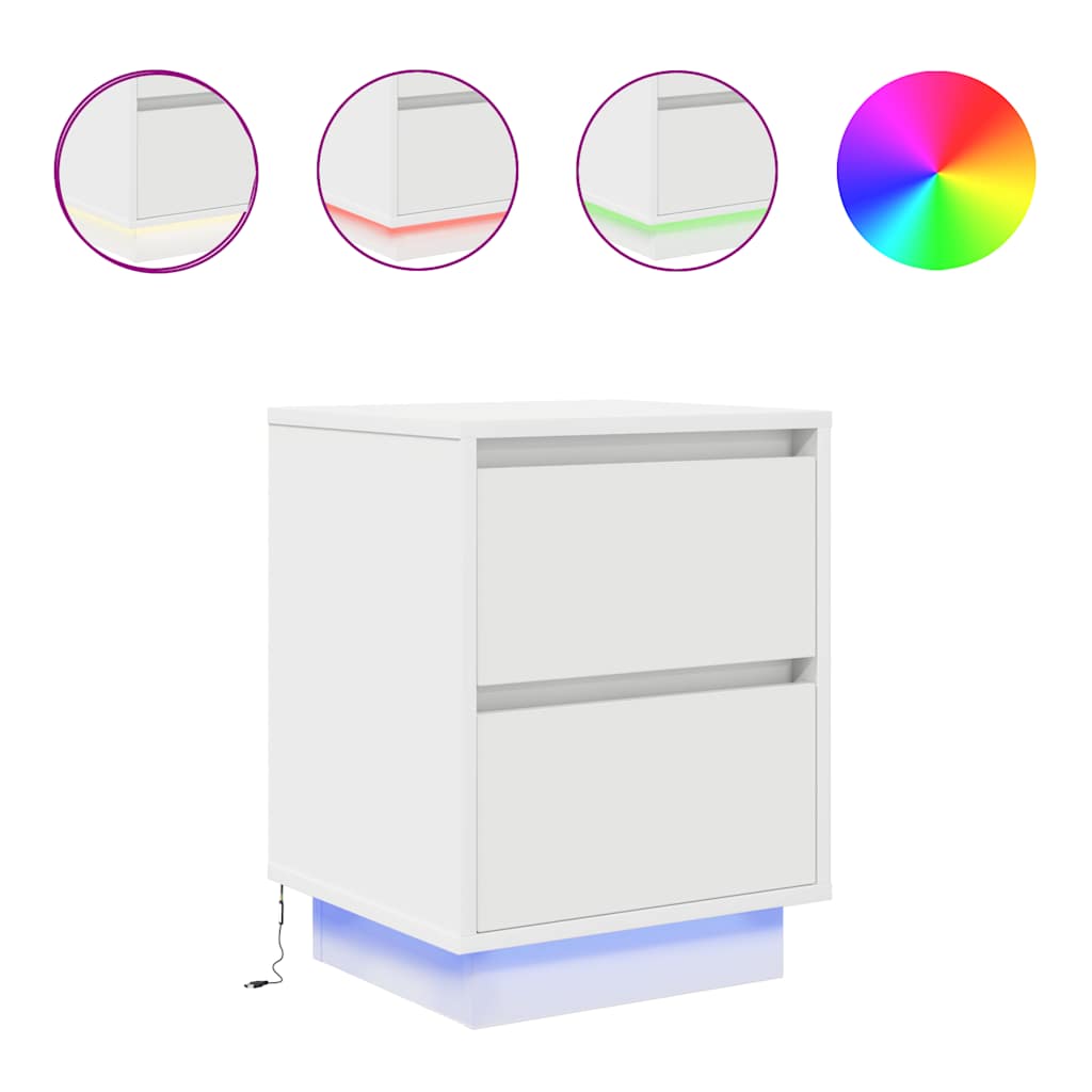 sengeskabe 2 stk. med LED-lys 38x34x50 cm hvid