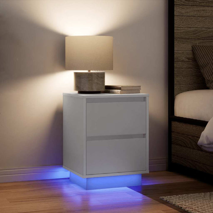 sengeskabe 2 stk. med LED-lys 38x34x50 cm hvid