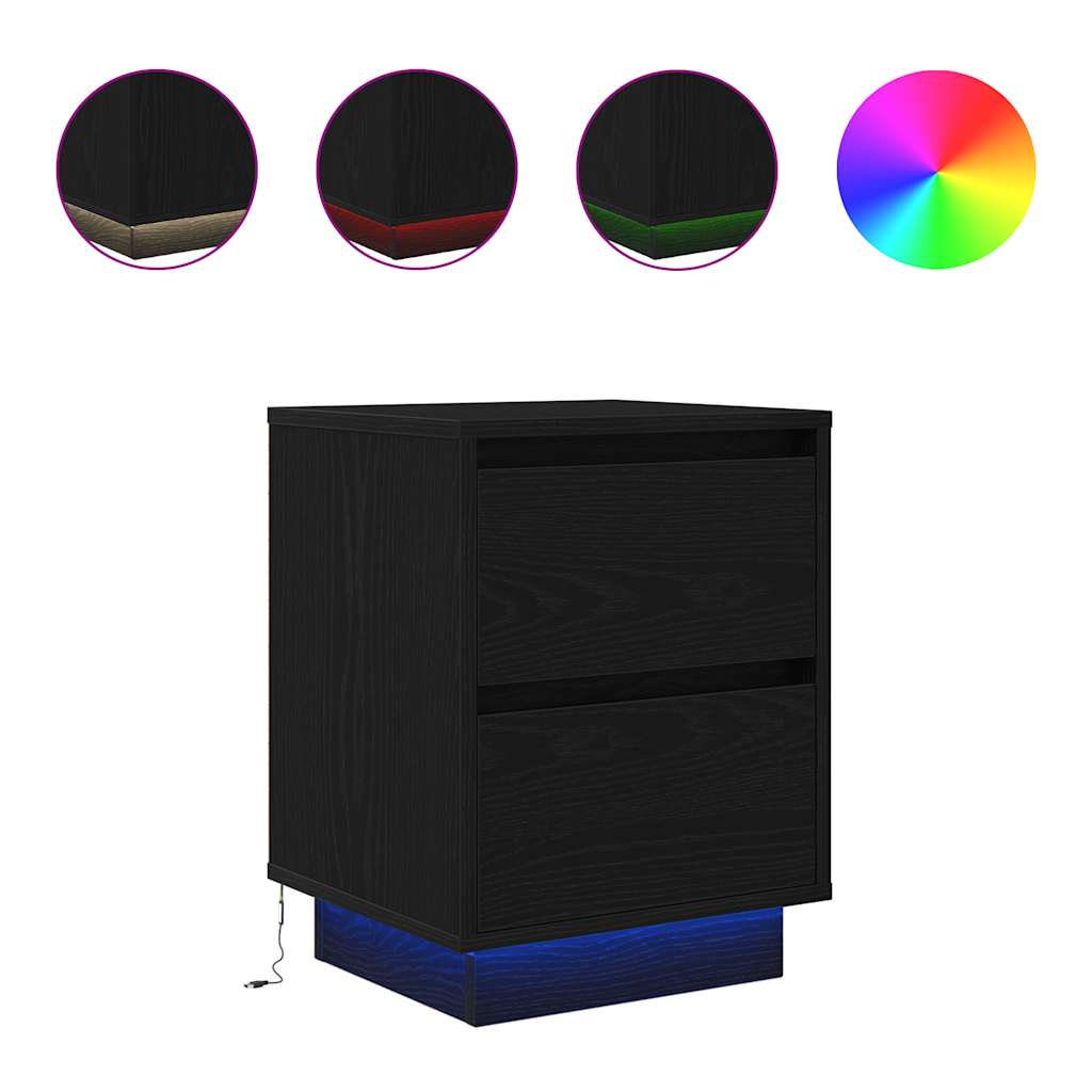 sengeskabe 2 stk. med LED-lys 38x34x50 cm sort