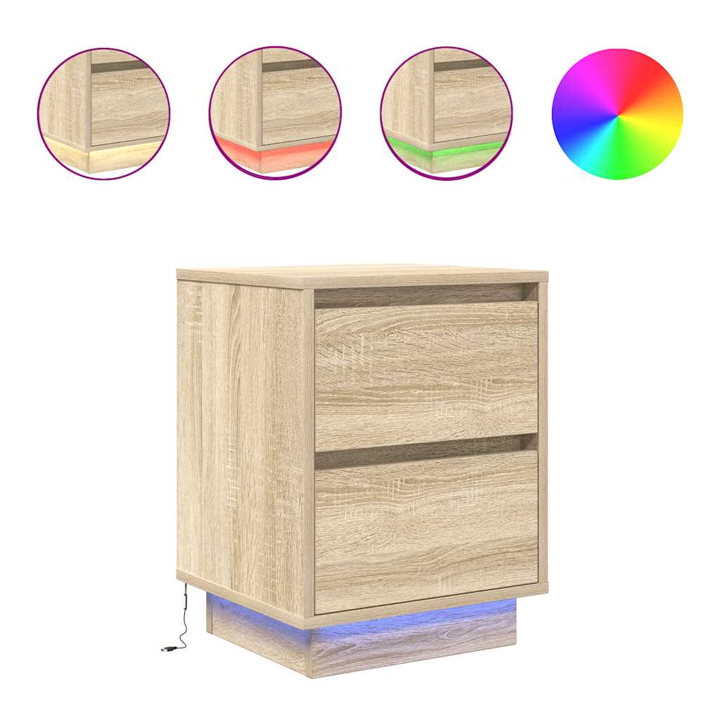 sengeskabe 2 stk. med LED-lys 38x34x50 cm sonoma-eg
