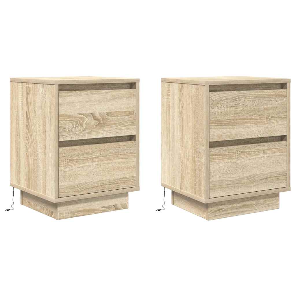 sengeskabe 2 stk. med LED-lys 38x34x50 cm sonoma-eg