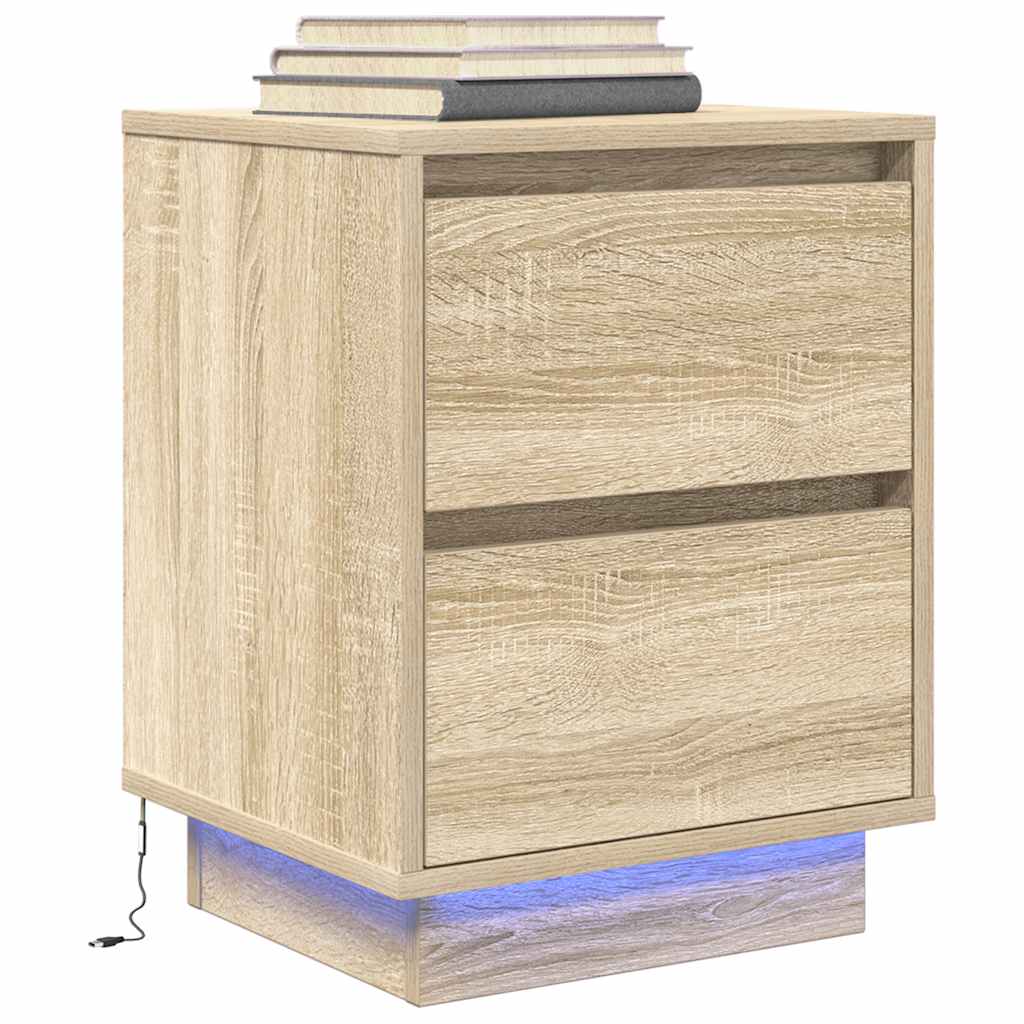 sengeskabe 2 stk. med LED-lys 38x34x50 cm sonoma-eg