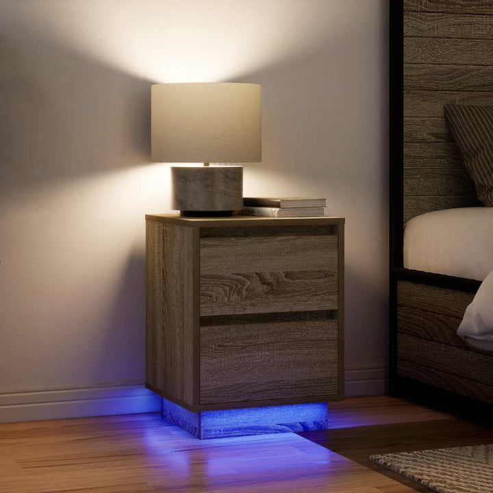 sengeskabe 2 stk. med LED-lys 38x34x50 cm sonoma-eg