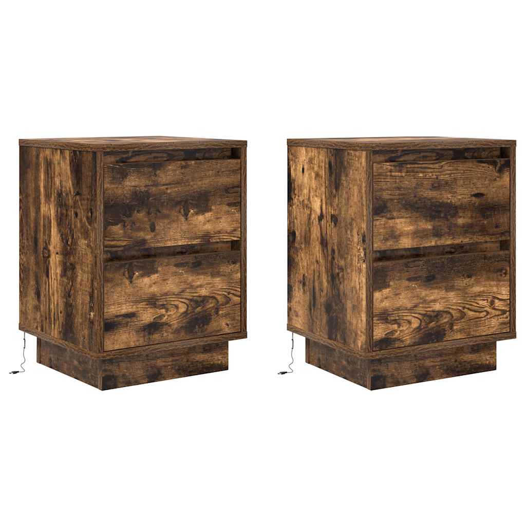 sengeskabe 2 stk. med LED-lys 38x34x50 cm røget egetræsfarve