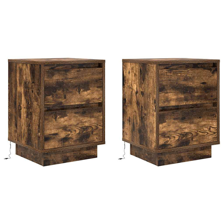 sengeskabe 2 stk. med LED-lys 38x34x50 cm røget egetræsfarve