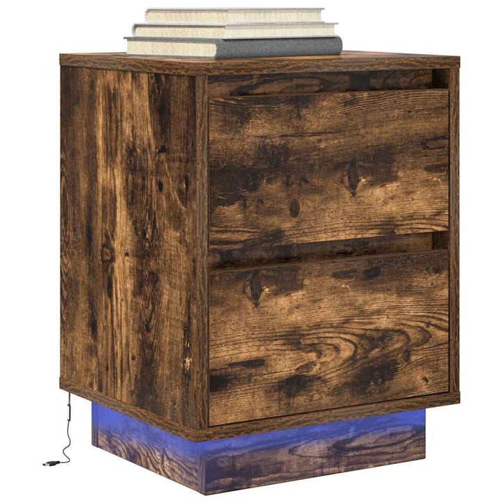 sengeskabe 2 stk. med LED-lys 38x34x50 cm røget egetræsfarve