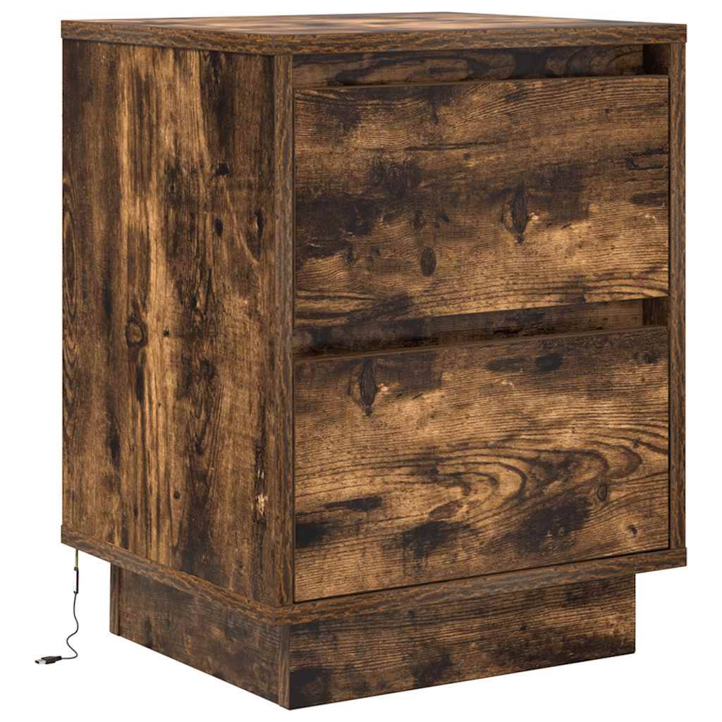 sengeskabe 2 stk. med LED-lys 38x34x50 cm røget egetræsfarve