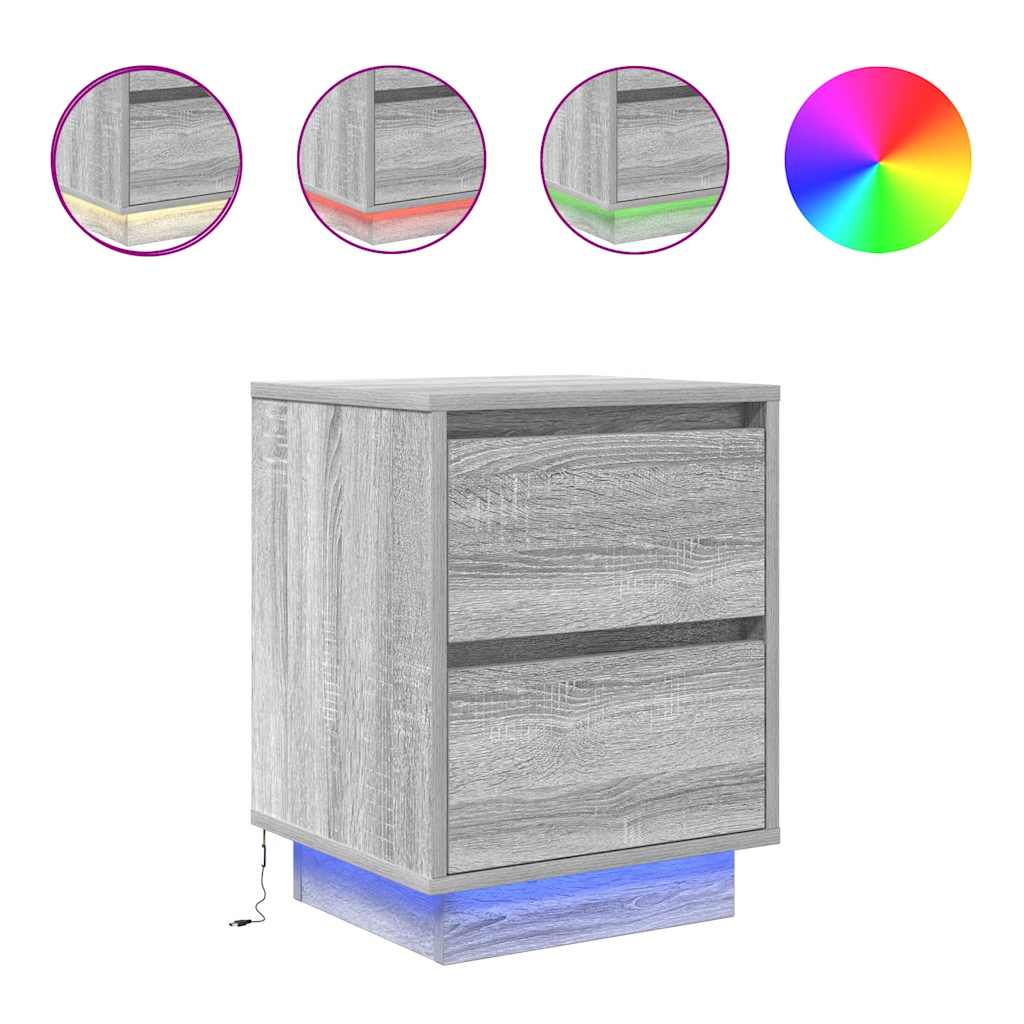 sengeskabe 2 stk. med LED-lys 38x34x50 cm grå sonoma-eg