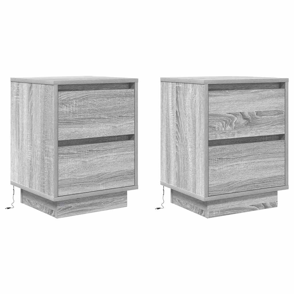sengeskabe 2 stk. med LED-lys 38x34x50 cm grå sonoma-eg