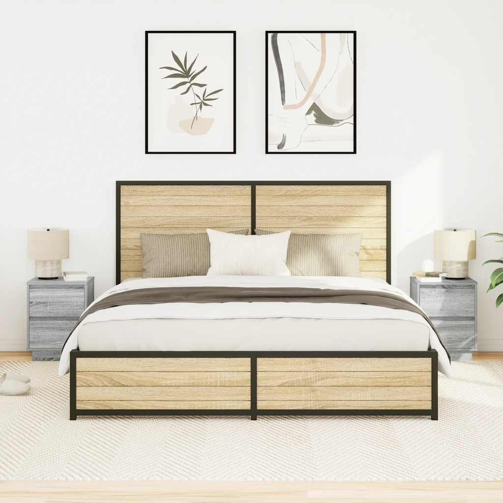 sengeskabe 2 stk. med LED-lys 38x34x50 cm grå sonoma-eg