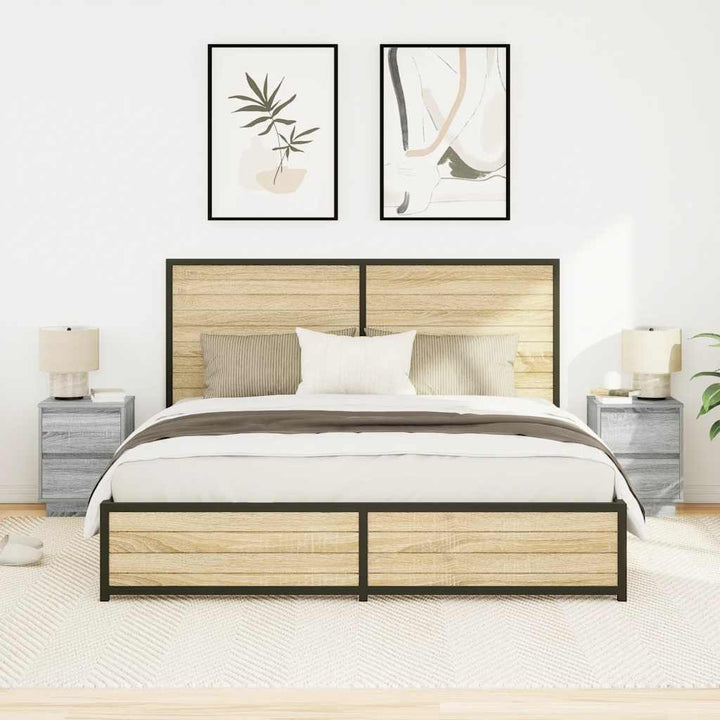 sengeskabe 2 stk. med LED-lys 38x34x50 cm grå sonoma-eg