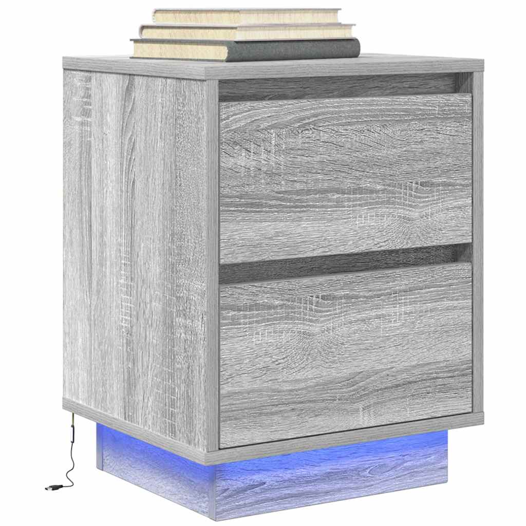 sengeskabe 2 stk. med LED-lys 38x34x50 cm grå sonoma-eg