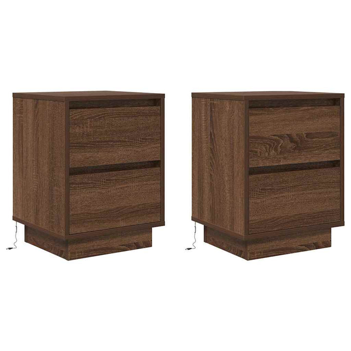 sengeskabe 2 stk. med LED-lys 38x34x50 cm brun egetræsfarve