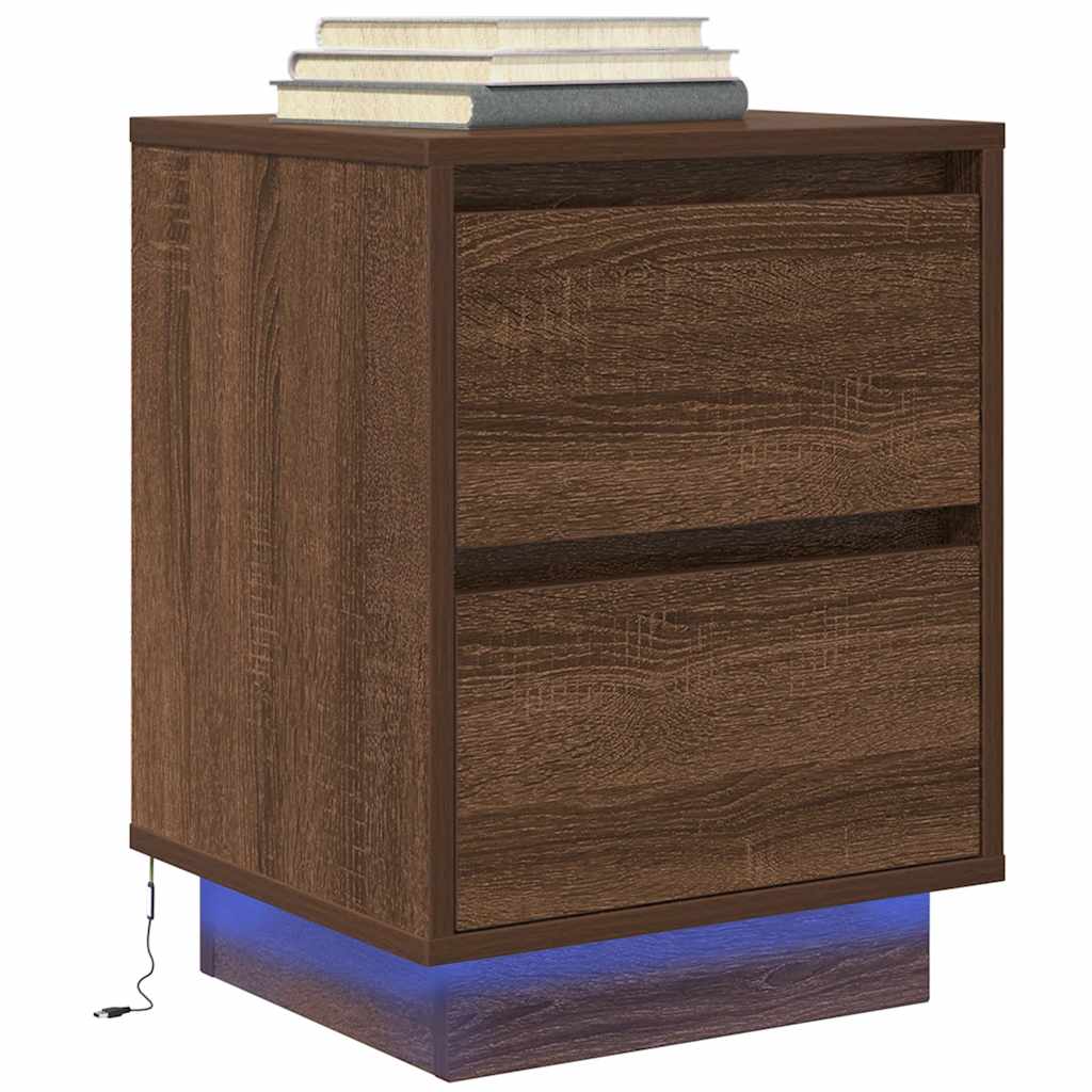 sengeskabe 2 stk. med LED-lys 38x34x50 cm brun egetræsfarve