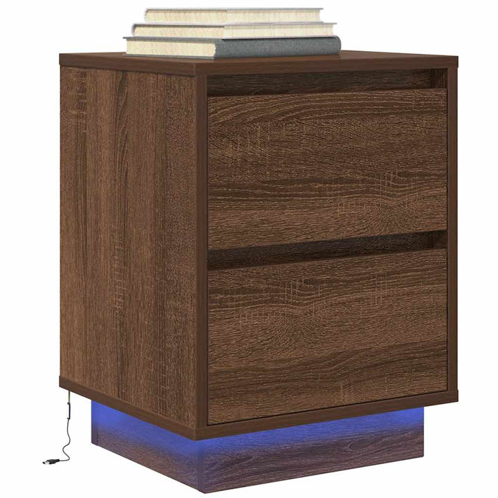 sengeskabe 2 stk. med LED-lys 38x34x50 cm brun egetræsfarve