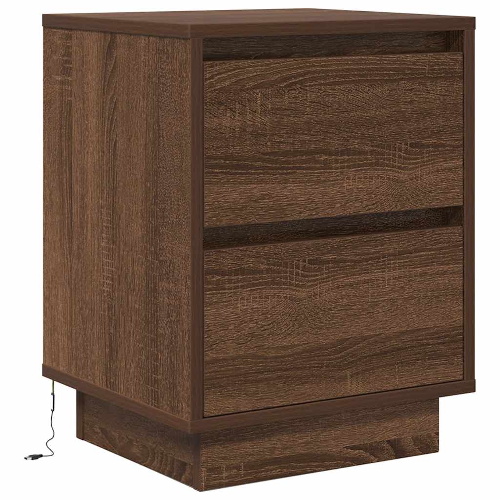 sengeskabe 2 stk. med LED-lys 38x34x50 cm brun egetræsfarve
