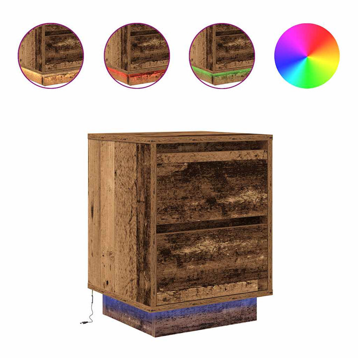 sengeskabe 2 stk. med LED-lys 38x34x50 cm gammelt træ-look