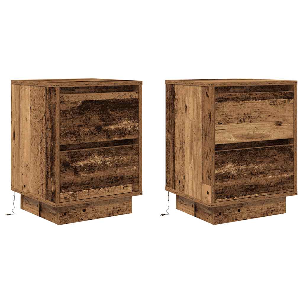 sengeskabe 2 stk. med LED-lys 38x34x50 cm gammelt træ-look