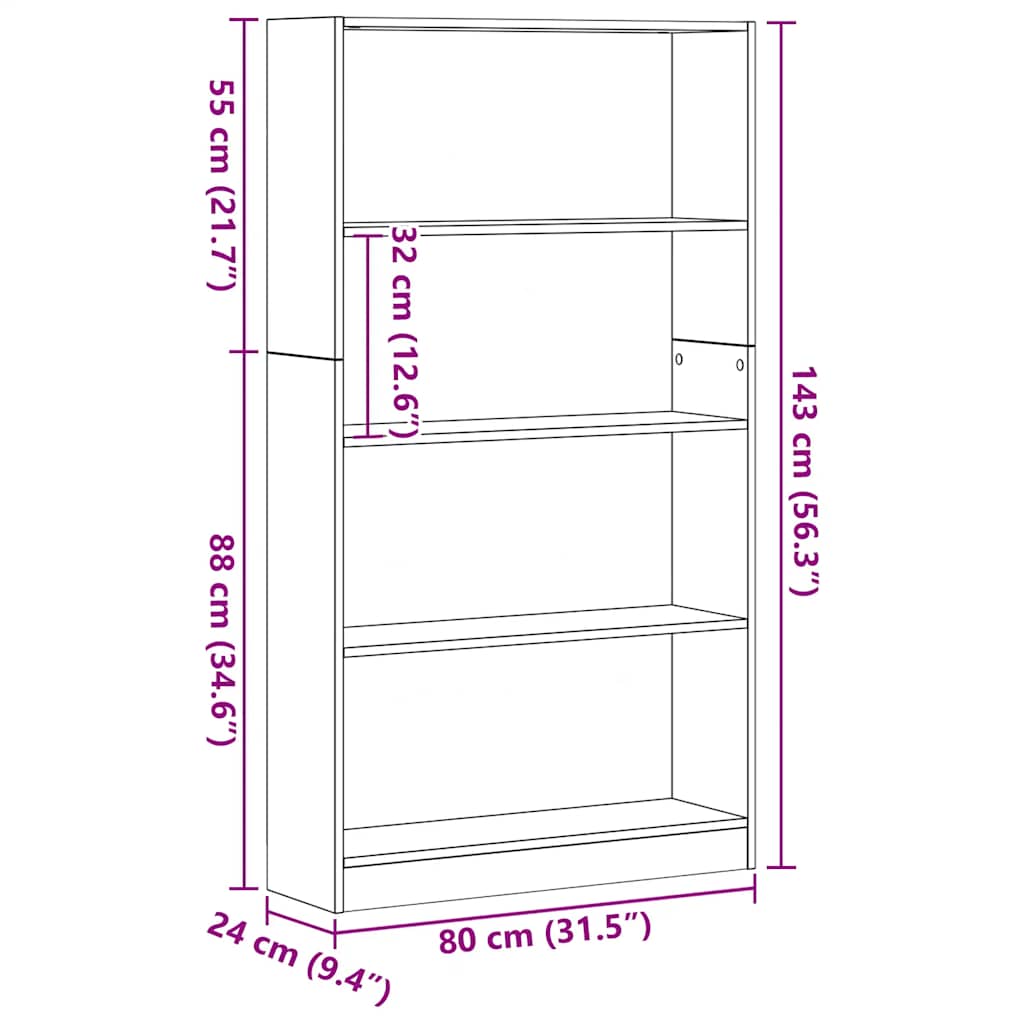 bogreol 4 hylder 80x24x143 cm konstrueret træ sort egetræsfarve
