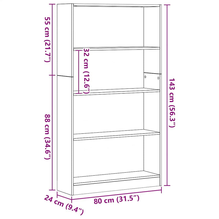 bogreol 4 hylder 80x24x143 cm konstrueret træ sort egetræsfarve