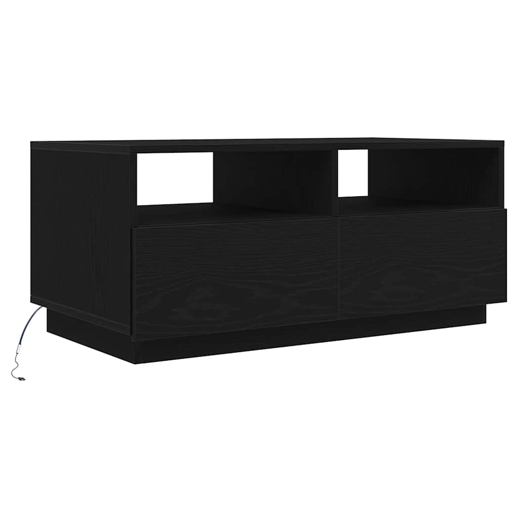 sofabord med LED-lys 90x49x40 cm sort egetræsfarve