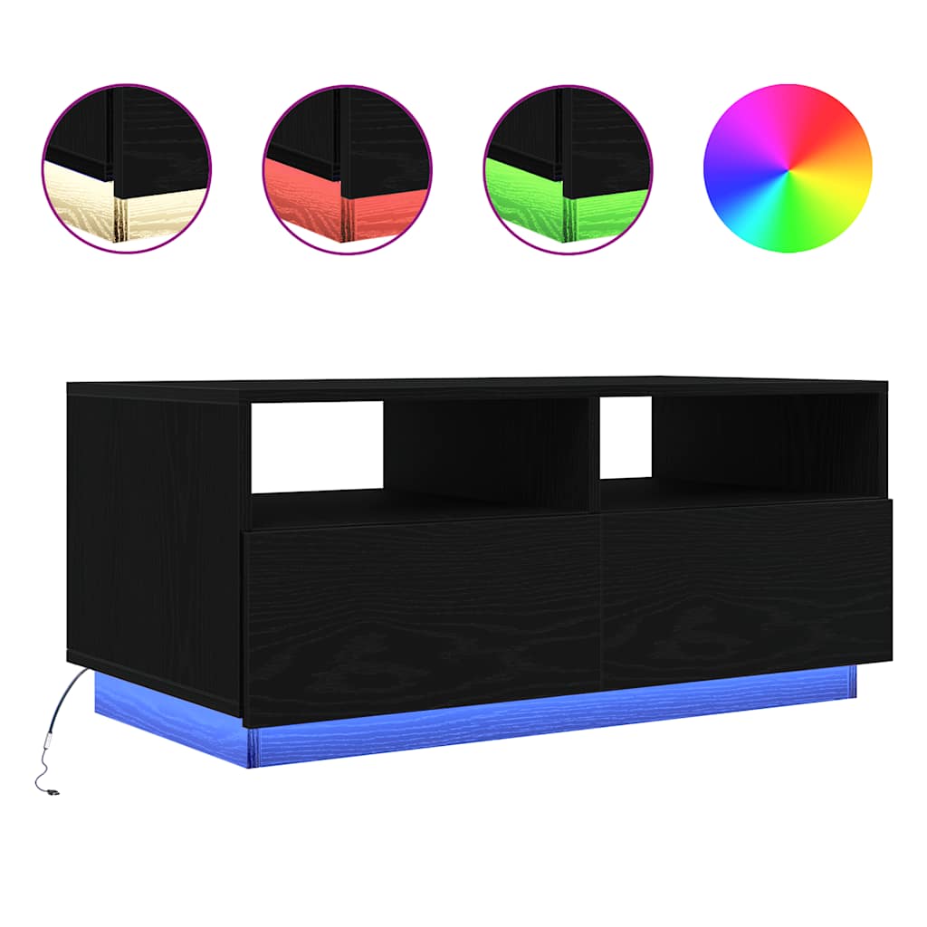 sofabord med LED-lys 90x49x40 cm sort egetræsfarve