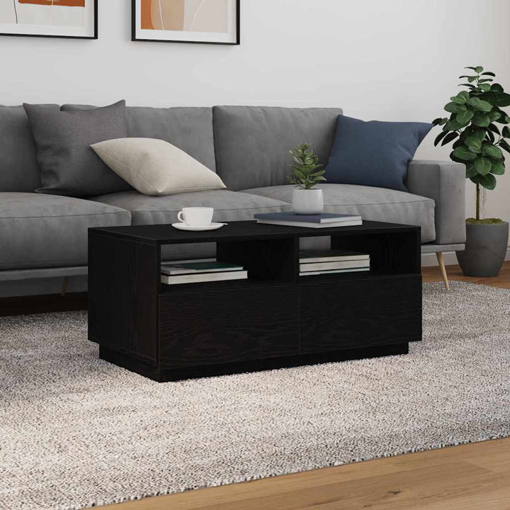 sofabord med LED-lys 90x49x40 cm sort egetræsfarve